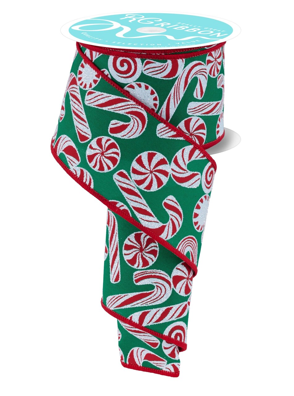 RG Ribbon: 2.5" Peppermints and Candy Canes Wired Ribbon - 10 Yards - Green, Red, White- For Christmas Bows, Wreaths, Crafts and Decorations